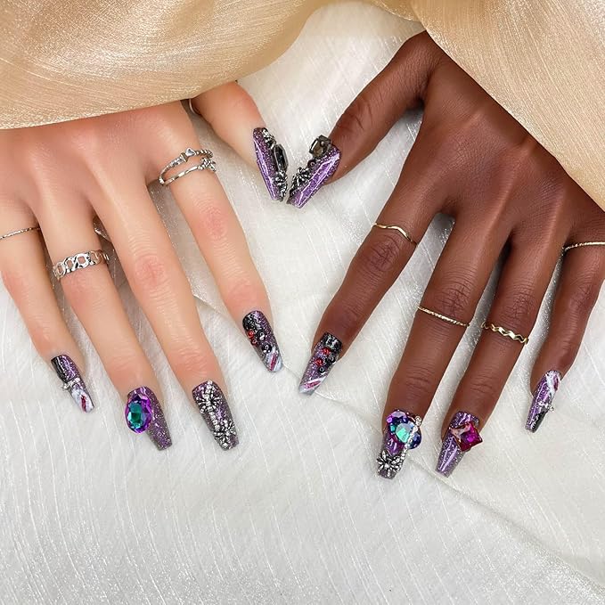 2025 Medium Handmade Nail Art Reusable PMMA Acrylic Press-on Nail Art Premium Purple Fake Nails with Spider Rhinestone Decoration Gifts for Women (Sequin Purple, Medium)