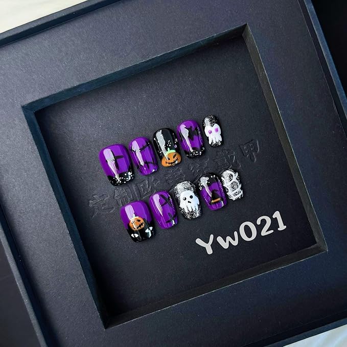 Halloween Press on Nails Handmade Short Square Fake Nails with Pumpkin Ghost Designs Balck Purple French tips Glue on Nails Press ons Reusable Halloween Nails for Women Manicure Size L