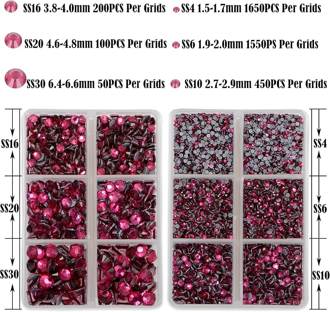 NCB Hotfix Iron on 8000pcs Crystal Rhinestones Round Gem for Crafts Decoration DIY Jewelry Making with a Tweezers and 2 Picking pens (Rose Pink, 6Sizes SS4-SS30)