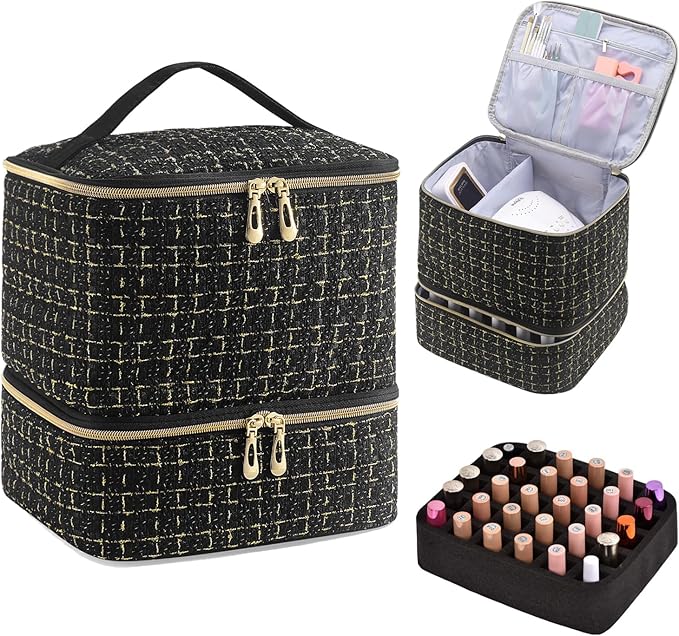 CTWWFS Nail Polish Organizer and Nail Lamp Case, Nail Kit Organizer Holds 30 Bottles (15ml - 0.5 fl.oz) and a Nail Lamp, Nail Polish Carrying Case with Manicure Tools Storage Sections (C-Black)