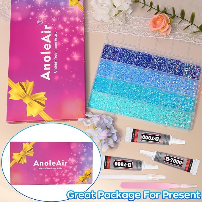 26000PCS Blue Resin Flatback Rhinestones for Crafting, Resin Rhinestones for Bedazzling Kit, 2/3/4/5/6mm Flatback Gems Jewels for DIY Mugs Tumblers Clothing Shoes Nail Art