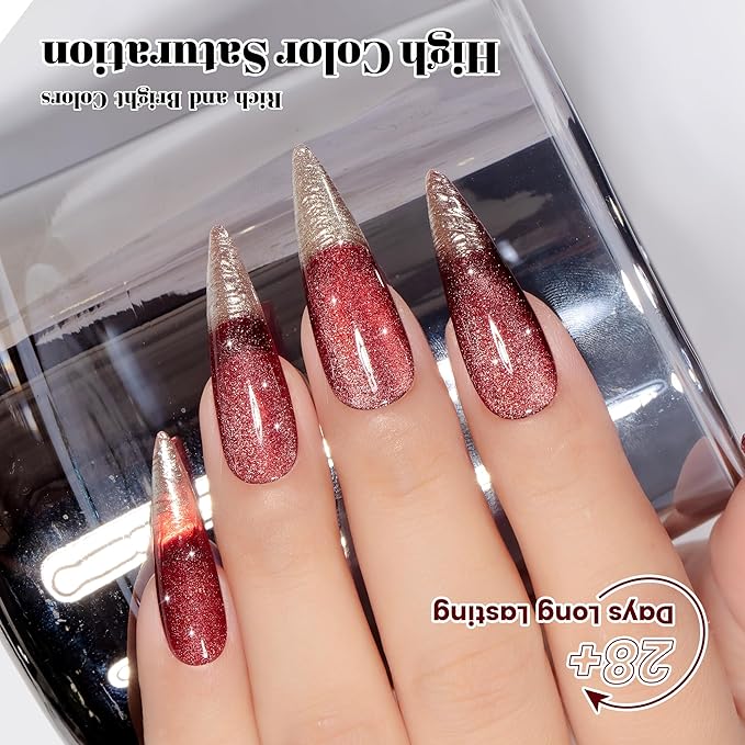 YTD Likomey Gel Nail Polish Set,Berry Red 2 Pcs 15ml Cat Eye Glitter and Translucent Blood Red Set,Fall Winter Magnetic Glitter Nude Neutral Jelly Fall Winter UV Varnish with Magnet Stick,0.5 Fl Oz