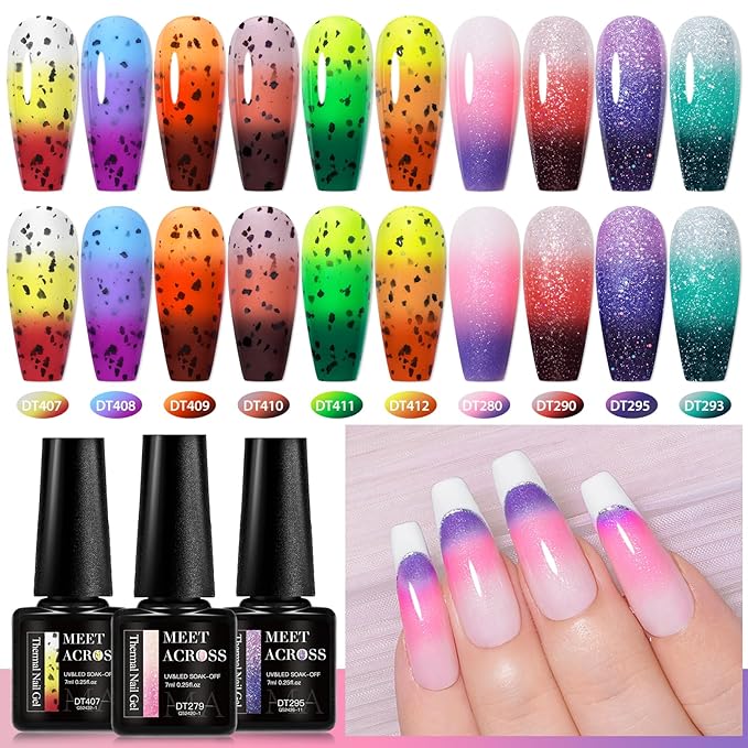 MEET ACROSS 12PCS Thermal Nail Gel Polish Kit, Color Changing Gel Nail Polish Set, Nail Art Gel Varnish Soak off UV LED Color Changed Nail Gel Nail Art Manicures