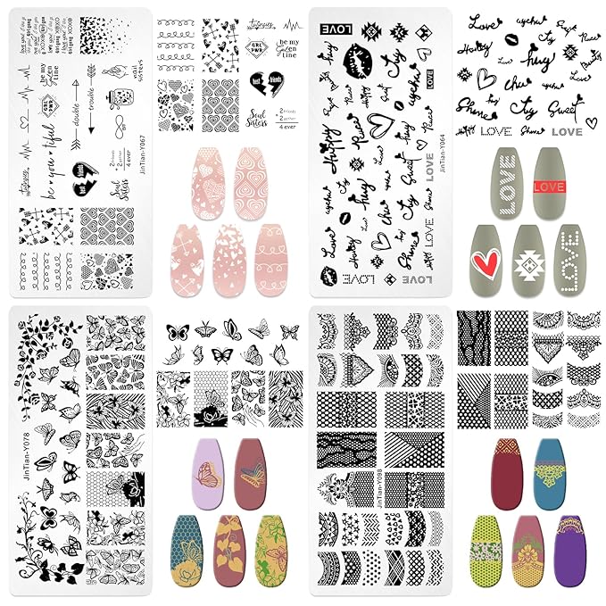 7pc Nail Stamping Plate Kit Butterfly Letter Heart Nails Stamp Plate Geometic Flower Nail Art Template Stencil Fingernail Polish Stamps Plates Set Stamper Scraper French Tips Nails Design Tools