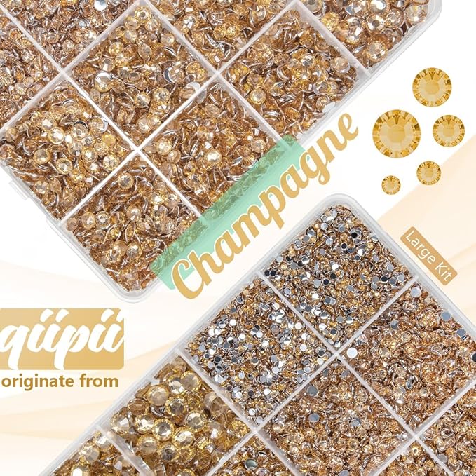 Champagne Crystal Resin Rhinestones w B7000 Jewelry Glue for Bedazzling Crafting 2mm-6mm Golden Flatback Gems Stones Diamonds Crystals Bedazzler Kit for Nails Face Eyes Makeup Tumblers Crafts