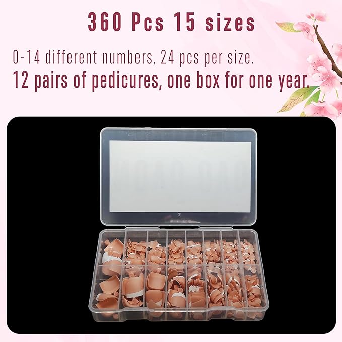 NOVO OVO Fake Toe Nail Tips Press on, French Tip Soft Gel Toenail Extension, ORANGE PINK Square Round Pre-applied Tip Primer & Base Coat, Full Cover Matte False Nails for DIY x 15 Sizes 360Pcs