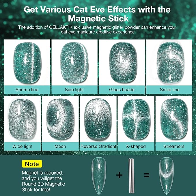 Green Cat Eye Gel Nail Polish with Magnetic Stick - 12ML Glitter Magnetic Nail Polish for Multiple 3D Effects, Soak Off UV LED Gel Polish for DIY Manicure Salon Gifts for Women