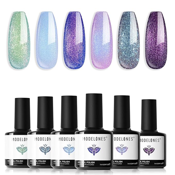 modelones Gel Nail Polish Set- 6 Colors 2026 Easter Chameleon Aurora Shimmer Glitter Gel Polish Kit Blue Green Purple Nail Gel Polish Soak Off LED Nail Lamp Nail Art Gel Kit DIY Salon Gift