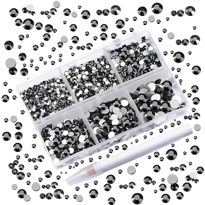AD Beads 4300 Pieces Flat Back Nail Art Rhinestones Round Beads 6 Sizes (2-6.5mm) with Storage Organizer Box,Rhinestones Picking Pen for Nail Art Phone Decorations Crafts DIY (Black)