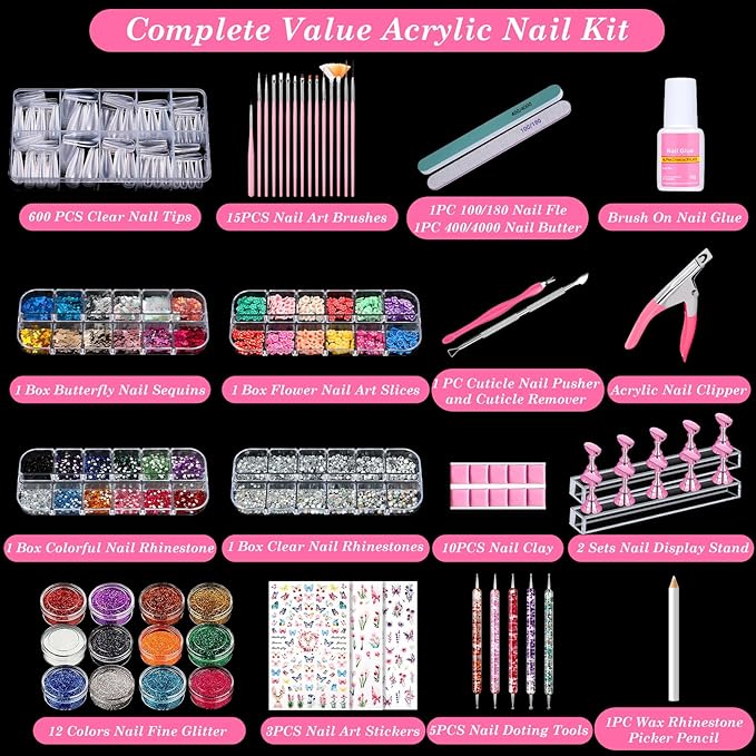 Acrylic Fake Nails Kit Press On Nail Kit with Clear Coffin Nail Tips Nail Display Stand Sequins Sticker Rhinestones Decorations Nail Glue Nail Clay Fine Glitter DIY Nail Art Tool and Supplies