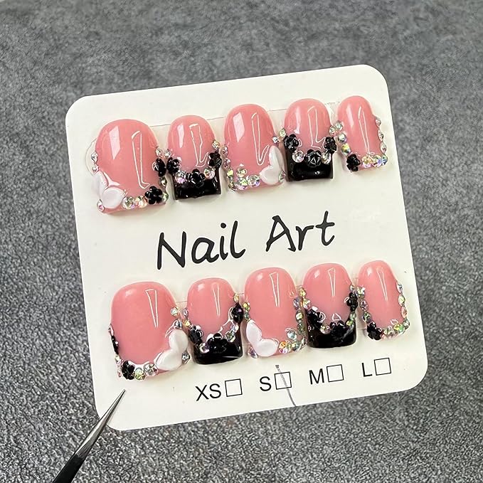 Handmade Press on Nails Short Square Black French Tip Thick Acrylic Fake Nails 3D Floral False Nails with Rhinestones Designs Luxury Full Cover Stick on Nail for Women Nail Art DIY 10Pcs (Size M)