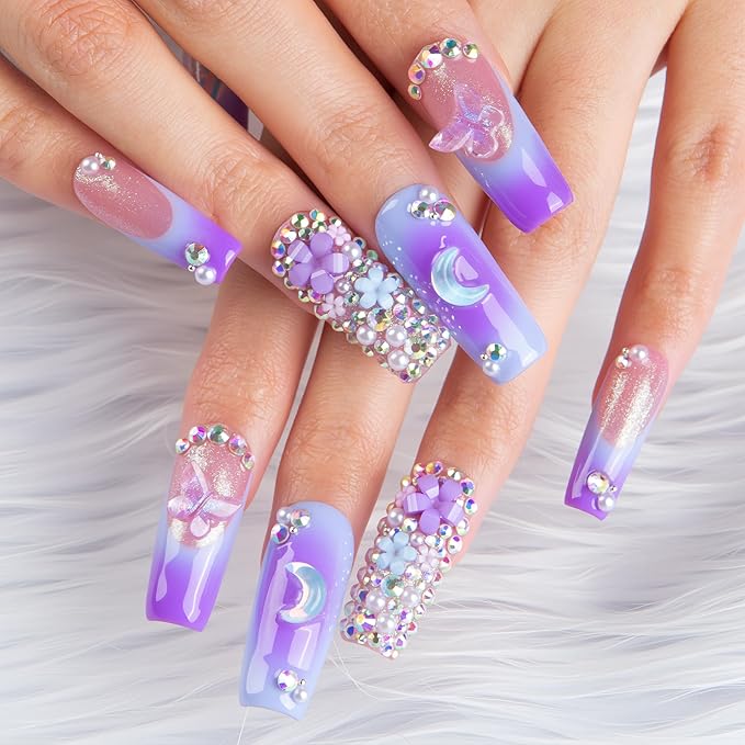 LOVFUL Short French Tip Press on Nails Lilac Stardust | Handmade Acrylic Press ons| Reusable Fake False Nails | Square Classic Regular 1.3in | H743-L