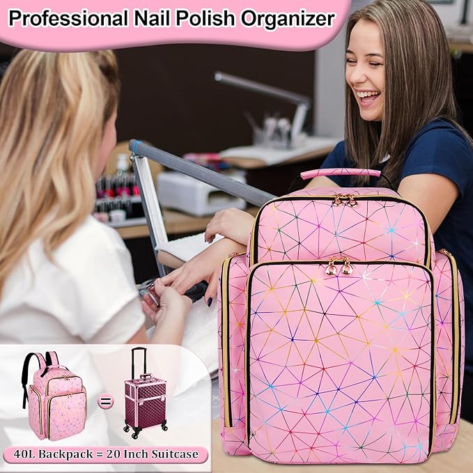 Nail Polish Organizer Backpack Holds 126 Bottles& Nail Lamp, Extra Large Nail Kit Supplies Organizer Bag with 3 Removable Cases, Portable Nail Organizers and Storage for Trave (PU Leather Pink)