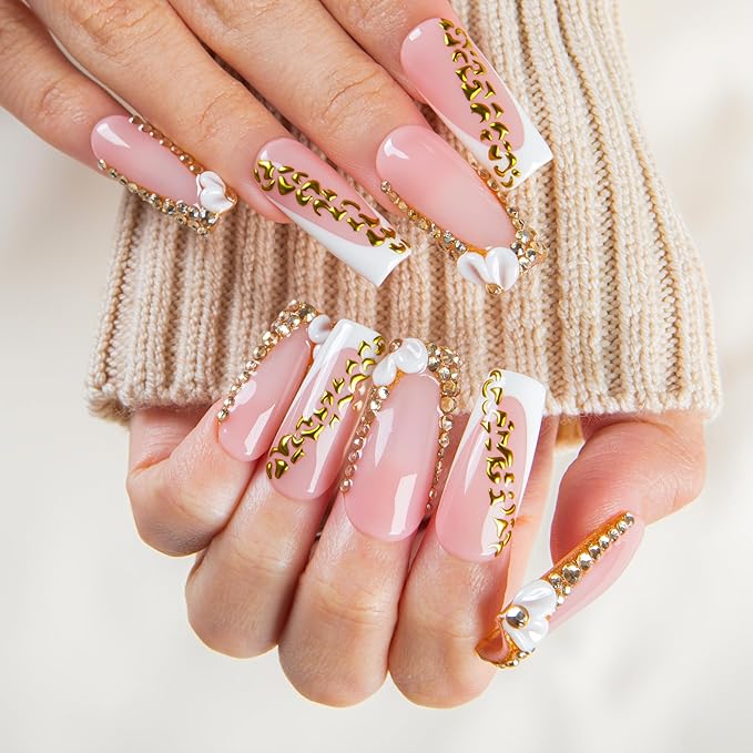 LOVFUL Short French Tip Press on Nails Gold Crystal | Handmade Acrylic Press ons| Reusable Fake False Nails | Square Classic Regular 1.3in | H706-L