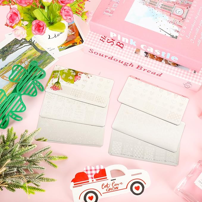 Whaline 6 Pcs St. Patrick's Day Valentine Nail Art Stamping Plates Kit Love Heart Spring Shamrock Image Stamp Templates Nail Art Plates Set for DIY Print Manicure Salon Design