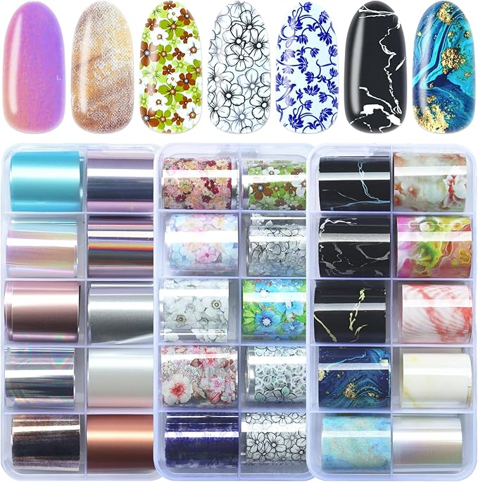 LoveOurHome 30 Sheet Flower Tranfer Nail Foils Sticker Decorations, Holographic Aurora Nail Tranfer Foil Stickers Marble Nails Stickers Decals Starry Sky Foil Sheet Gel Acrylic Nails Accessories