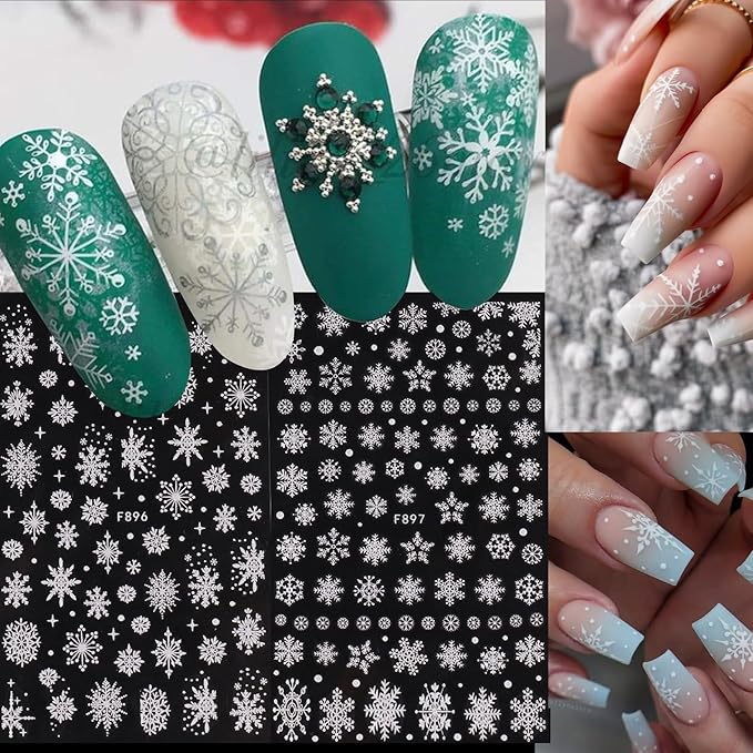 White Snowflake Nail Art Stickers 12PCS Christmas Winter Glitter Snowflakes Nail Decals with Tweezers 3D Charms Snow Flakes Stars Antlers Design Self-Adhesive Holiday Decoration Supplies for Women