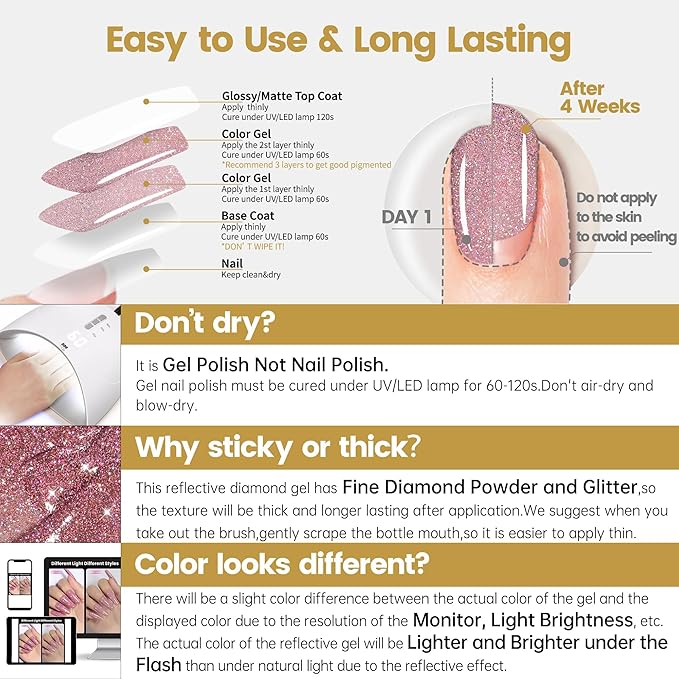 YTD Likomey Reflective Glitter Gel Nail Polish Set,Fall Winter Falsh 8 Colors Holographic Diamond Sparkly Black Silver Gold Blue Red Pink Plum Orange Salon Home UV Color Varnish Gift,0.25 Fl Oz 7.5 ml