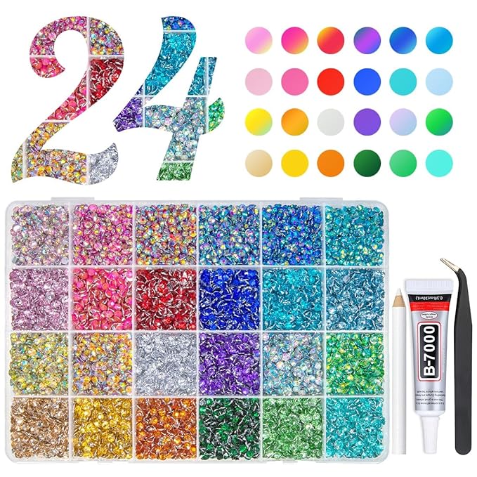 12600Pcs 24 Color 4mm Crystal AB Resin Rhinestones w B7000 Glue for Bedazzling Crafting Colorful Flatback Stones Crystals Gems Diamonds Charms for Nails Eyes Face Makeup Tumblers Bottles Crafts