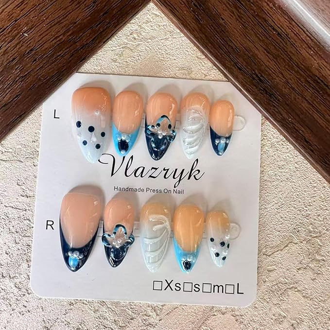 Handmade Press On Nails, Blue French Tip Winter Medium Almond Nails with 3D Flower Art | Reusable Fake Nails Kit for Women, Salon-Quality Glue-On False Nails（10PCS)