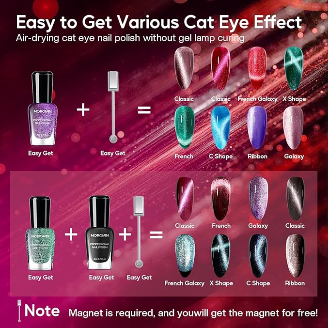 Morovan Magnetic Nail Polish Set：Cat Eye Glitter Red Green Purple Blue Nail Polish Kit Shimmer Quick Dry Nail Kit Bulk for Women Nail Art Manicure Salon Gift Holiday Party