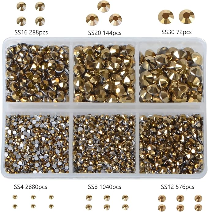 Bymitel 5000 Pieces 6 Mixed Sizes Glue Fix on Glass Rhinestones Round Crystal Gems Flatback for DIY Jewelry Making with one Picking Pen (6-Sizes 5000PCS, Aurum)