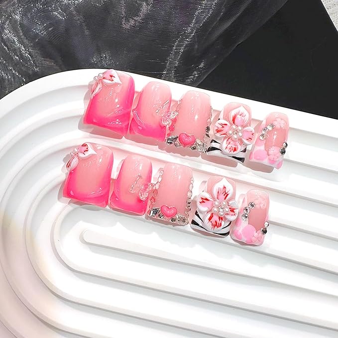 10Pcs Handmade Press on Nails Medium Duck Fake Nails Pink French Tip Nails Press Ons Handmade 3D Floral False Nails with Design Sparkly Full Cover Artificial Stick on Nail for Women (Size M)