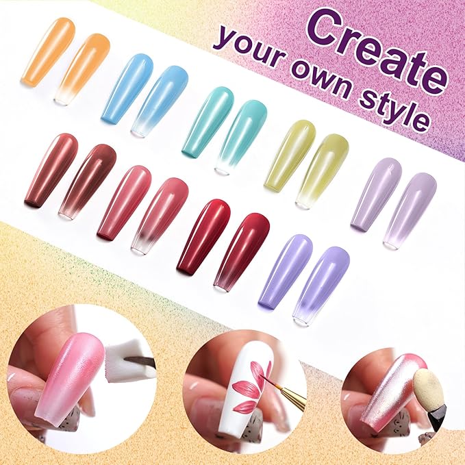 Gradient Gel Nail Set, 9 Colors Ombre Gel Nail Polish with 6 Aurora Multi-Purpose Brushes for Pigment Pat Nails French Manicure Nail DIY Painting Soak Off UV F Tropic Dusk
