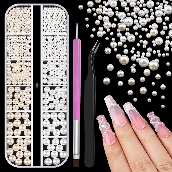 Multi Sizes Round Pearls 3D Nail Charms, 2-6mm White Pearls Nail Jewelry with Tweezers and Dual-end Brush for Women Manicure Nails Supplies DIY Crafts Decorations (21-K1-white-beads)
