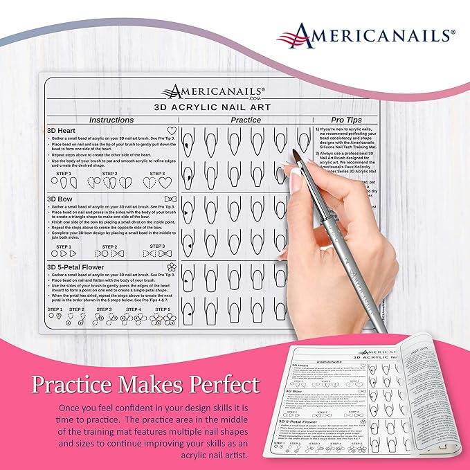 Americanails 3D Acrylic Nail Art Training Mat - Silicone Trainer Sheet for 3D Acrylic Nail Art Design - Step-by-Step Instructions & Diagrams - Create Hearts, Bows & Flowers - Protects Desk Surface