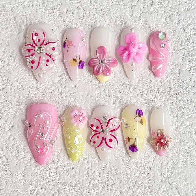 Luxury Press on Nails Medium Almond Handmade 3D Unique Reusable ABS Material Fake Nails Cute Pink False Nails with Designs Rhinestones Flower Art Petal Glossy Glue on Nails Thick Acrylic Nails(M)