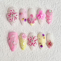 Luxury Press on Nails Medium Almond Handmade 3D Unique Reusable ABS Material Fake Nails Cute Pink False Nails with Designs Rhinestones Flower Art Petal Glossy Glue on Nails Thick Acrylic Nails(M)