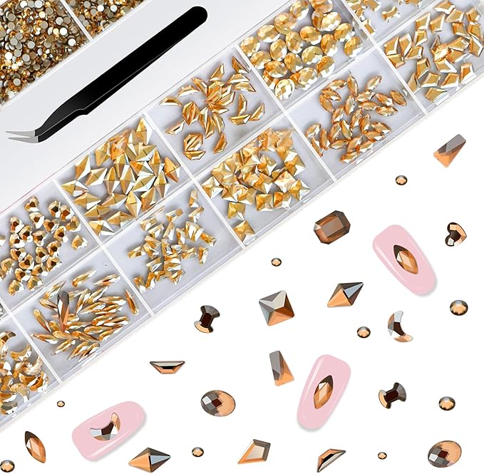 Nail Rhinestones Set, Multi Shapes Champagne Gold Rhinestones for Nails, Mixed Size Nail Charms, Flatback Nail Jewels with Wax Pencil and Tweezers, Storage in Rinestones Set Box