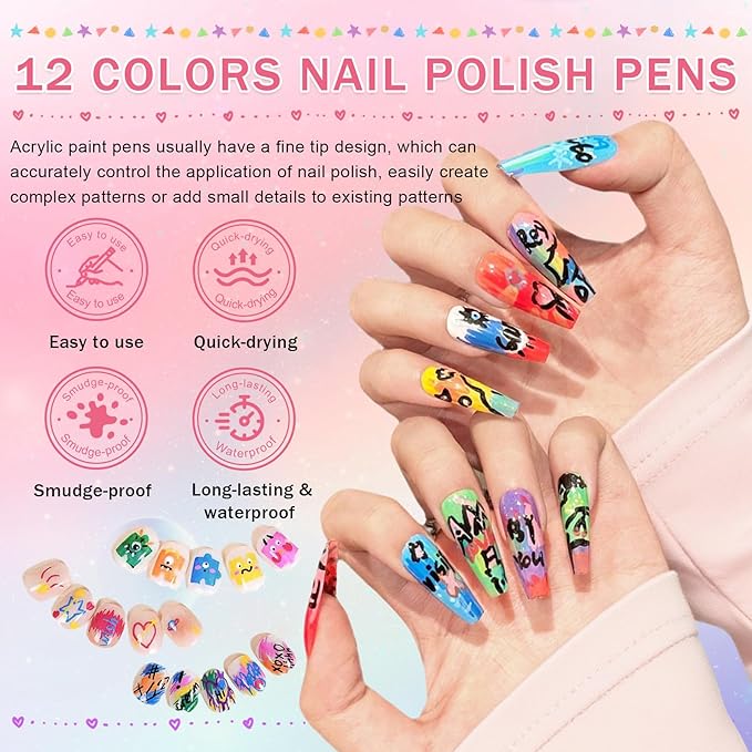 12 Colors Nail Art Pens Set, Nail Art Markers Polish Pens for Nail Art Quick Drying 3D Acrylic Paint Markers for Painting Dotting Liner Pen Nail Salon DIY Design Kit(0.5mm)