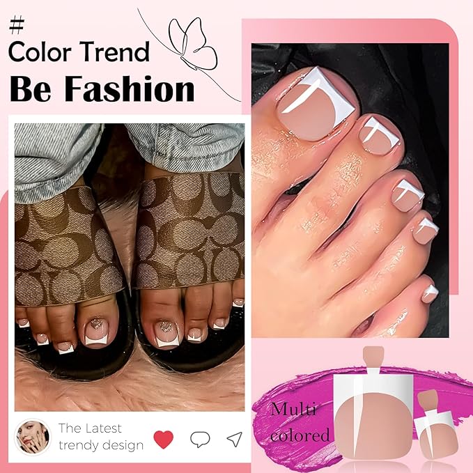 150pc White French Tips Press on Toenails Women Fake Toe Nails with Glue Tab, Brown Toe Nail Press ons Nails Short Square Fake Toenails French Toes Nail Tip Glue Toenail Stick Acrylic Toes Nails Kit