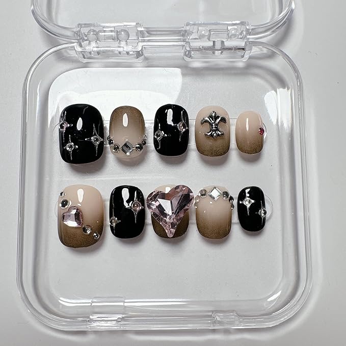 handmade nails press on Salon Quality false nails Reusable short round black rhinestone cute acrylic fake nails designed kit,10 Nails Size M #960