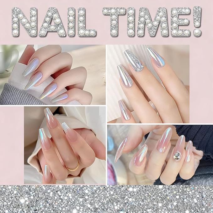 2 Jars White Pearl Chrome Nail Powder, Iridescent Aurora Chrome Powder Metallic Mirror Effect, Pearlescent Mermaid Dip Powder Nail Art Decoration,Chrome Powder for Nails, Resin Craft, 6g