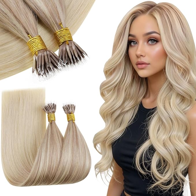 RUNATURE Nano Bead Hair Extensions Human Hair Blonde, Medium-Length Hair, Nano Tip Hair Extensions Ash Blonde, Add Hair Volume for Women, Full Ends, Cold Fusion, Easy to Maintain, 16 Inch 50G 50S