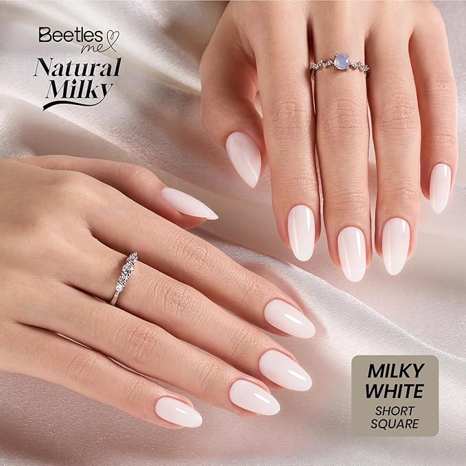 Beetles Natural Milky White Press On, Short Oval Press On Nails, Soft Nail Gel Nail Kit with Fast-Dry Nail Glue & Adhesive Tabs, 32pcs 16 Sizes, Girls Stick On Nails for Women