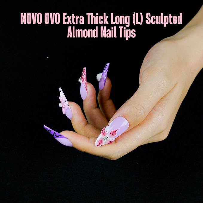 NOVO OVO Long Almond Nail Tips SCULPTED (Not NATURAL) for Curved Nail Beds, Extra Thick L Length False Nails Press on, Full Cover Soft Gel Fake Nail Extension, Salon DIY x 15 Sizes 450 pcs
