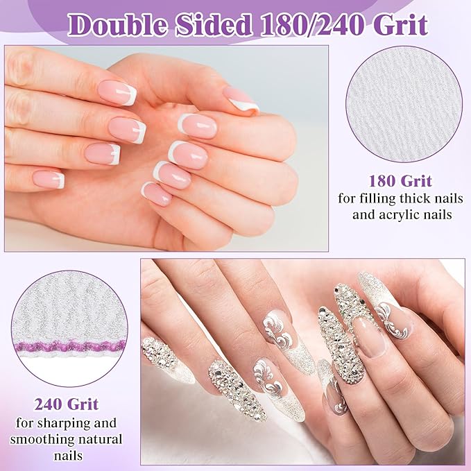 Xinnun 150 Pcs Nail Files 180/240 Grit Double Sides Professional Reusable Emery Board Nail Files for Acrylic Nails Manicure Tools Suit for Home Salon