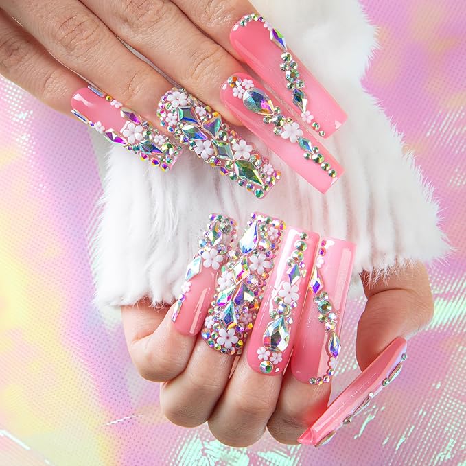 LOVFUL Press on Nails Pink Crystal Dream| Handmade Acrylic Press ons| Reusable Fake False Nails| Square Mid length 1.7in| H708-M