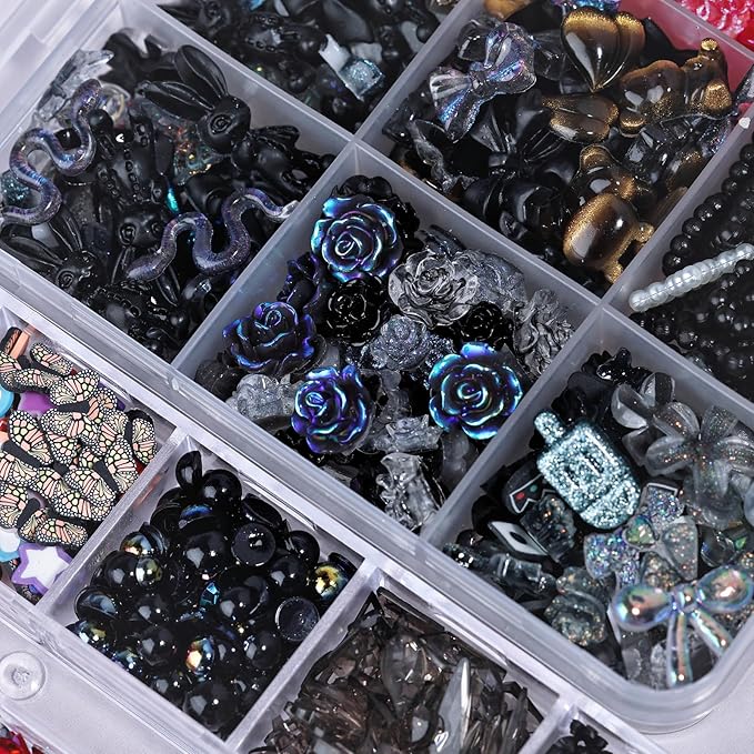 1400 Pieces 3D Butterfly Rose Flower Bow Rabbit Bear Nail Charms Kit with Nail Art Rhinestones Pearls Crystal Gems Nail Slices for Manicure DIY Crafts Jewelry Accessories (Black Red)