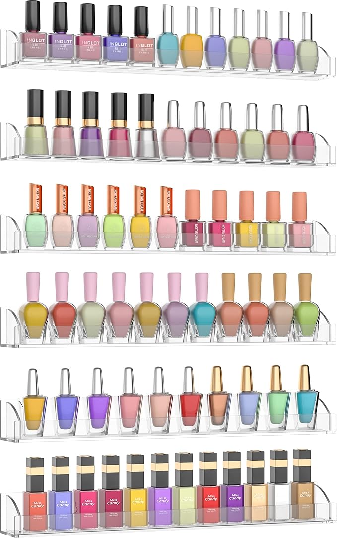 15 Inch Acrylic Nail Polish Rack for Wall Set of 6, Wall Mounted Nail Polish Display Rack with End Caps, Nail Oranizer and Storage for Nail Tech, Hold Up to 90 Bottles (15 Inch)