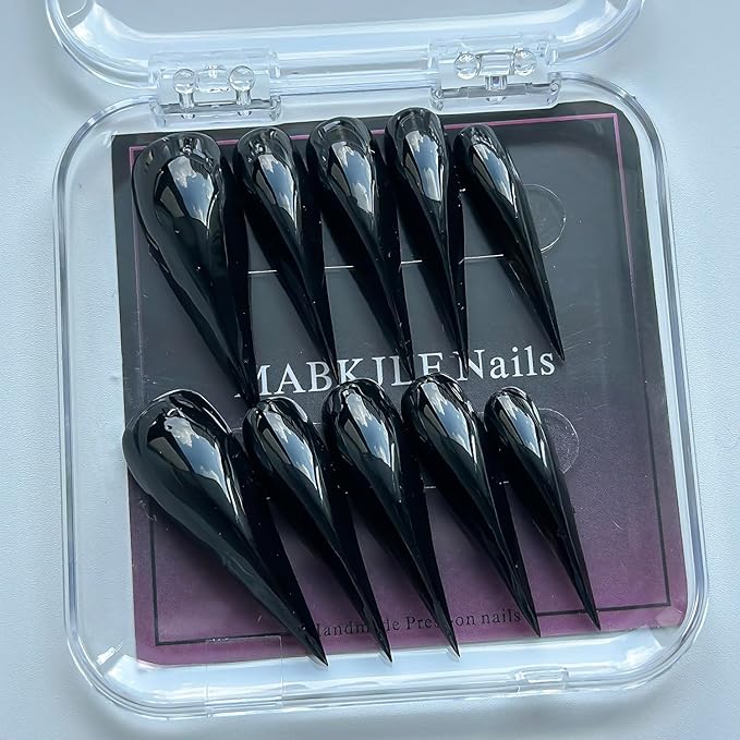 Luxury Press on Nails Medium Curved Stiletto Handmade Eagle Claw Unique Reusable ABS Material Fake Nails Dragon Cat Claw False Nails with Designs Black Glossy Glue on Nail Thick Acrylic Nail(M)