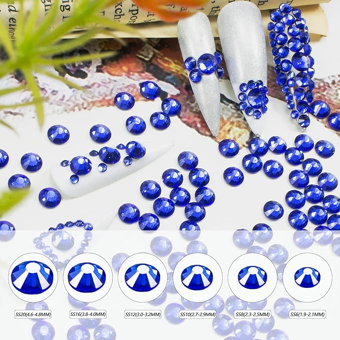 Nail Art Rhinestones HUETFAT 2400 Pcs Flatback Rhinestones Gems Stones Round Crystal Royal Blue 6 Sizes (1.9-4.5 mm) with Storage Organizer Box Wax Pencil Tweezers for Nail Art craft（Sapphire）