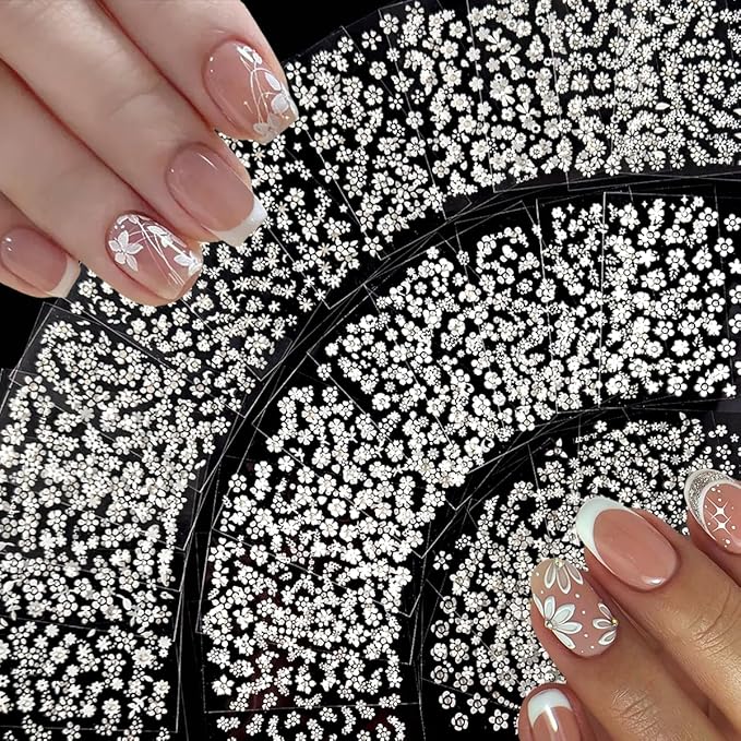 30 Sheets White Flower Nail Art Stickers 3D Self Adhesive Floral Nail Decals Flower with Rhinestones Nail Art Supplies White Flower Nail Stickers for Women Girls Manicure Decoration