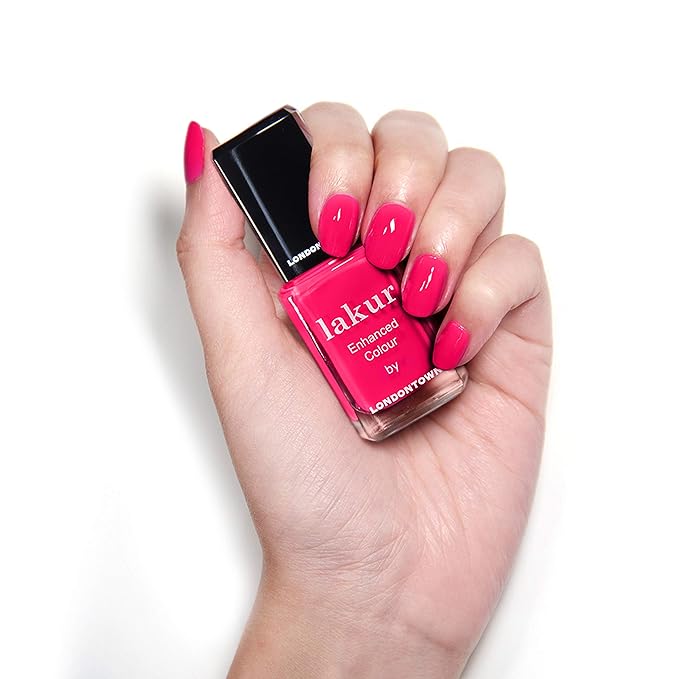 LONDONTOWN lakur Nail Polish - Chip-Resistant, Non-Toxic, Conditions & Hydrates Nails | Shimmery Hot Pink, Fruit-Tella, .40 fl oz