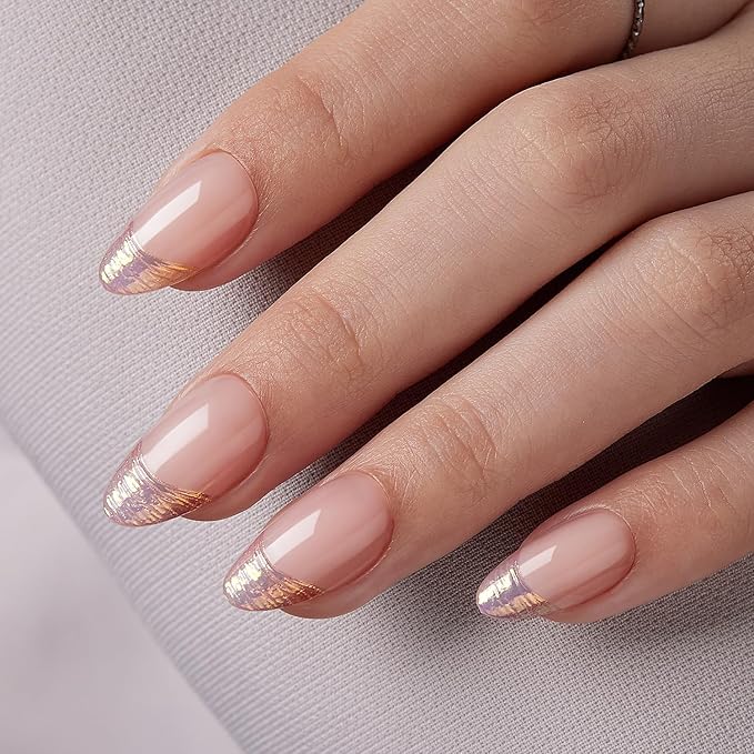 VSALON Press On Nails Short Almond, Aurora Gold French Tip Fake Nails 3D Sculpting Design Glue On Nails With UV Glue, Reusable Stick On Nails Fall Wedding Gift 16 Sizes - 32 Pcs Kit