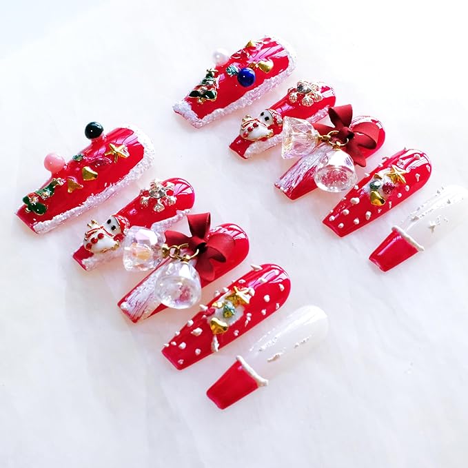 Christmas Press-On Nails, Long Ballerina Shape, Red and White Design with Snowman, Bows and Snowflakes, 10 Pieces (XS, LS)